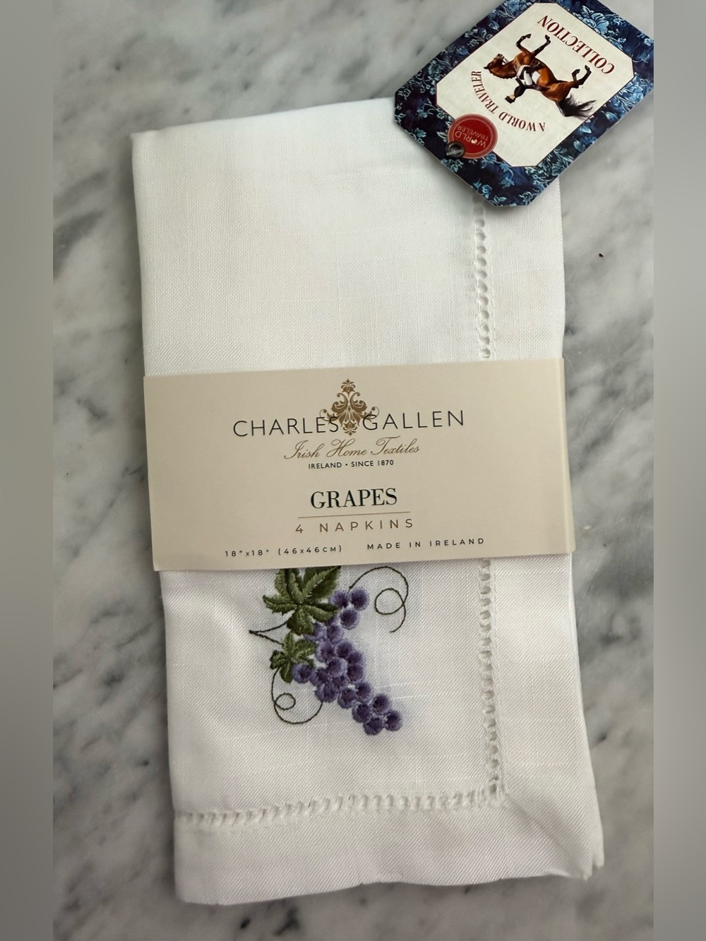 Charles Gallen Irish White Napkins with Purple Grapes Embroidery - Set of 4 NWT